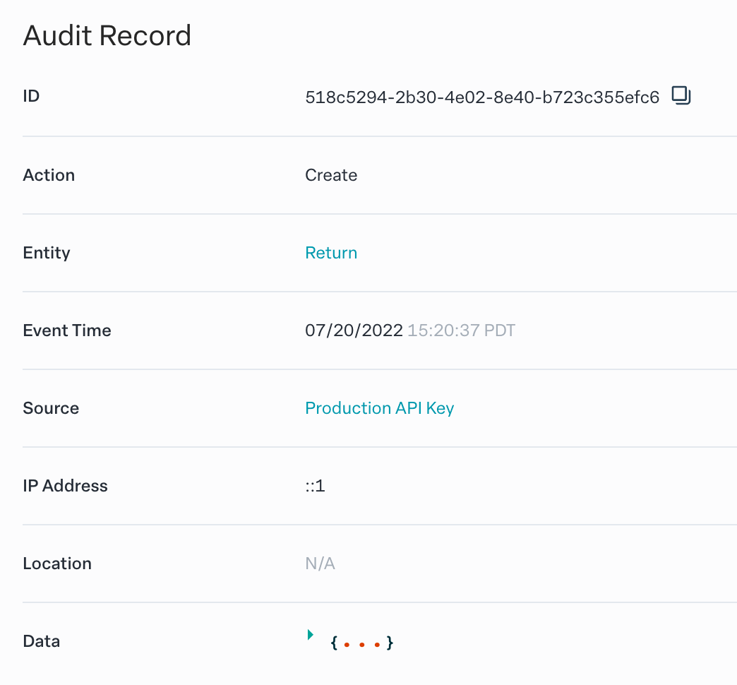 Image of Modern Treasury's audit record screen