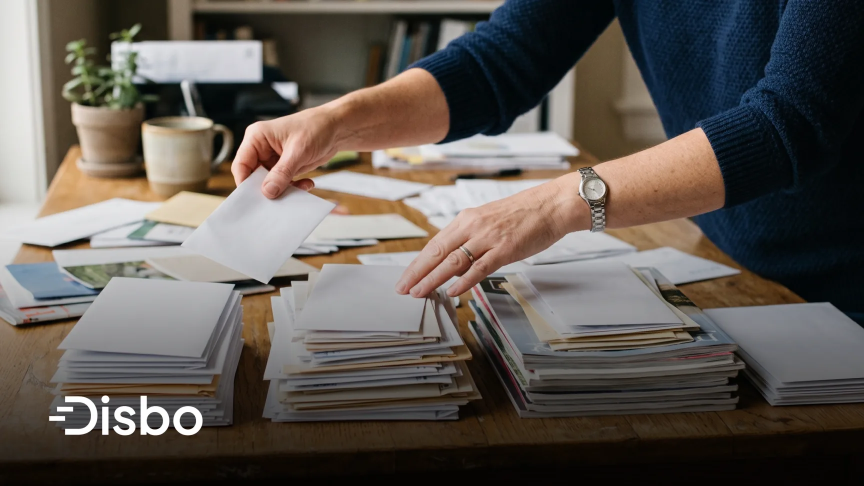 A person sorts stacks of paper documents across a table, with the Disbo logo