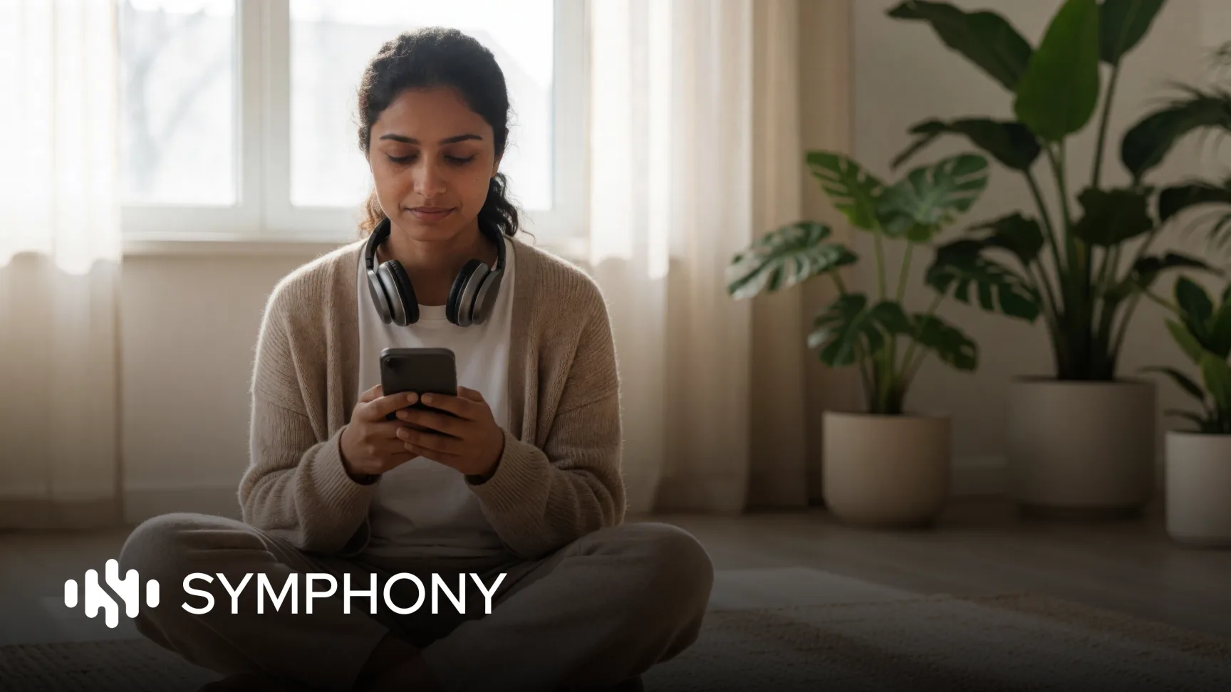 A woman sits cross-legged at home using her phone, with the Symphony logo