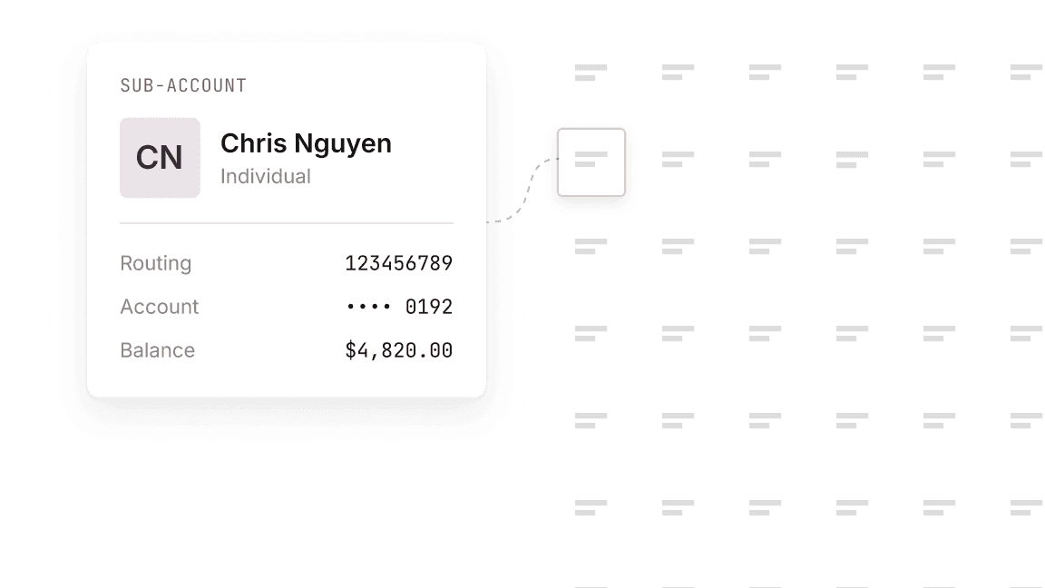 A sub-account with routing number, account number, and balance