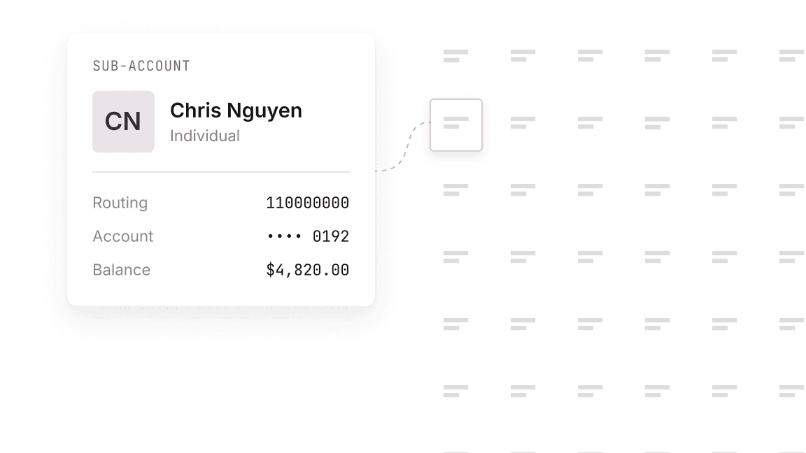 A sub-account with routing number, account number, and balance