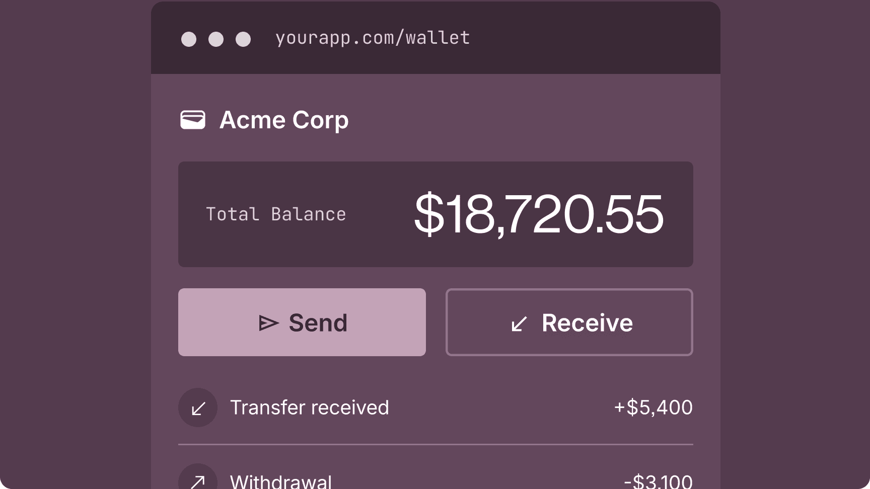 A branded wallet screen inside a customer application, showing a total balance and recent transfers