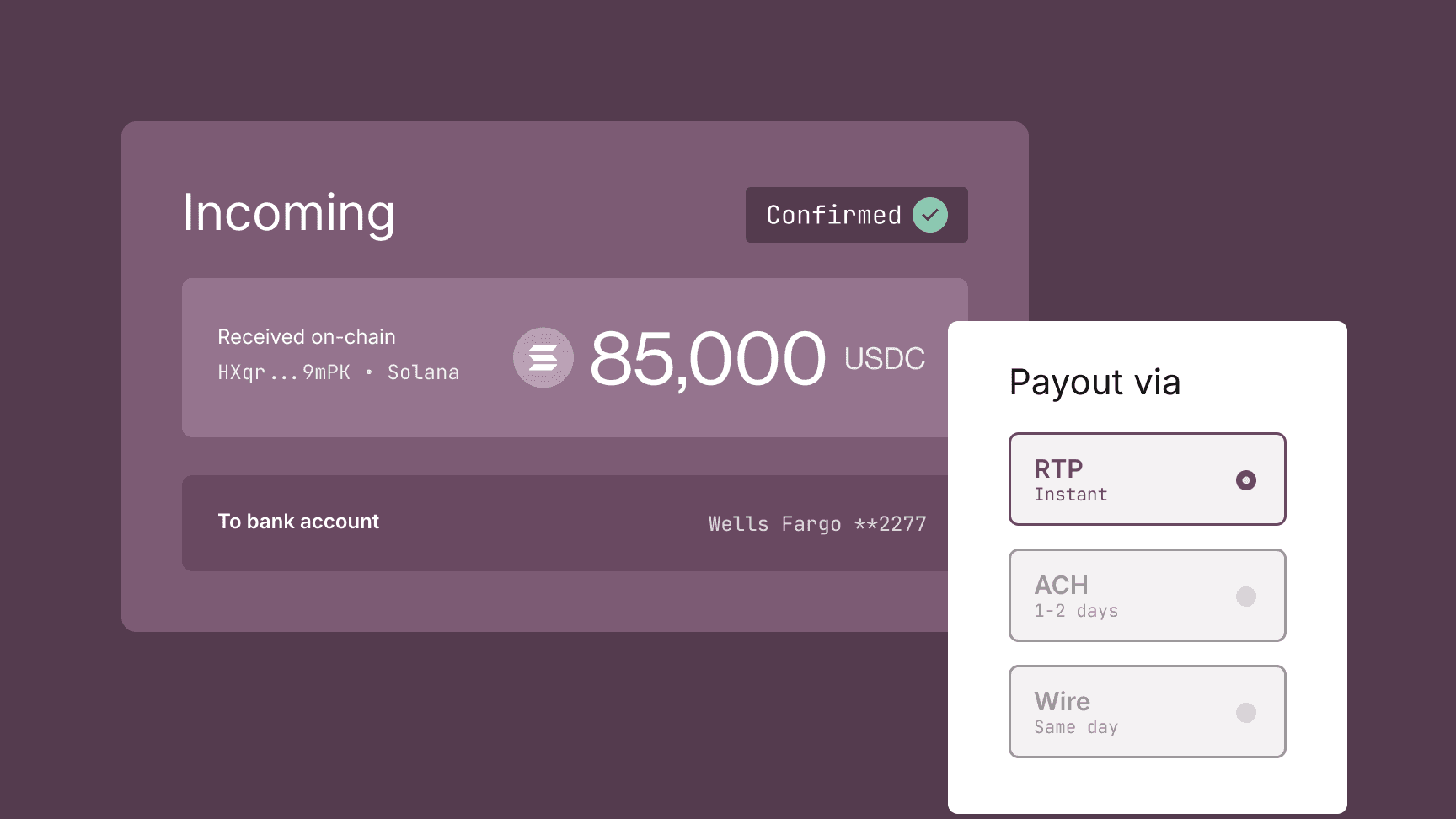 Off-ramp flow: incoming stablecoin payment with payout options