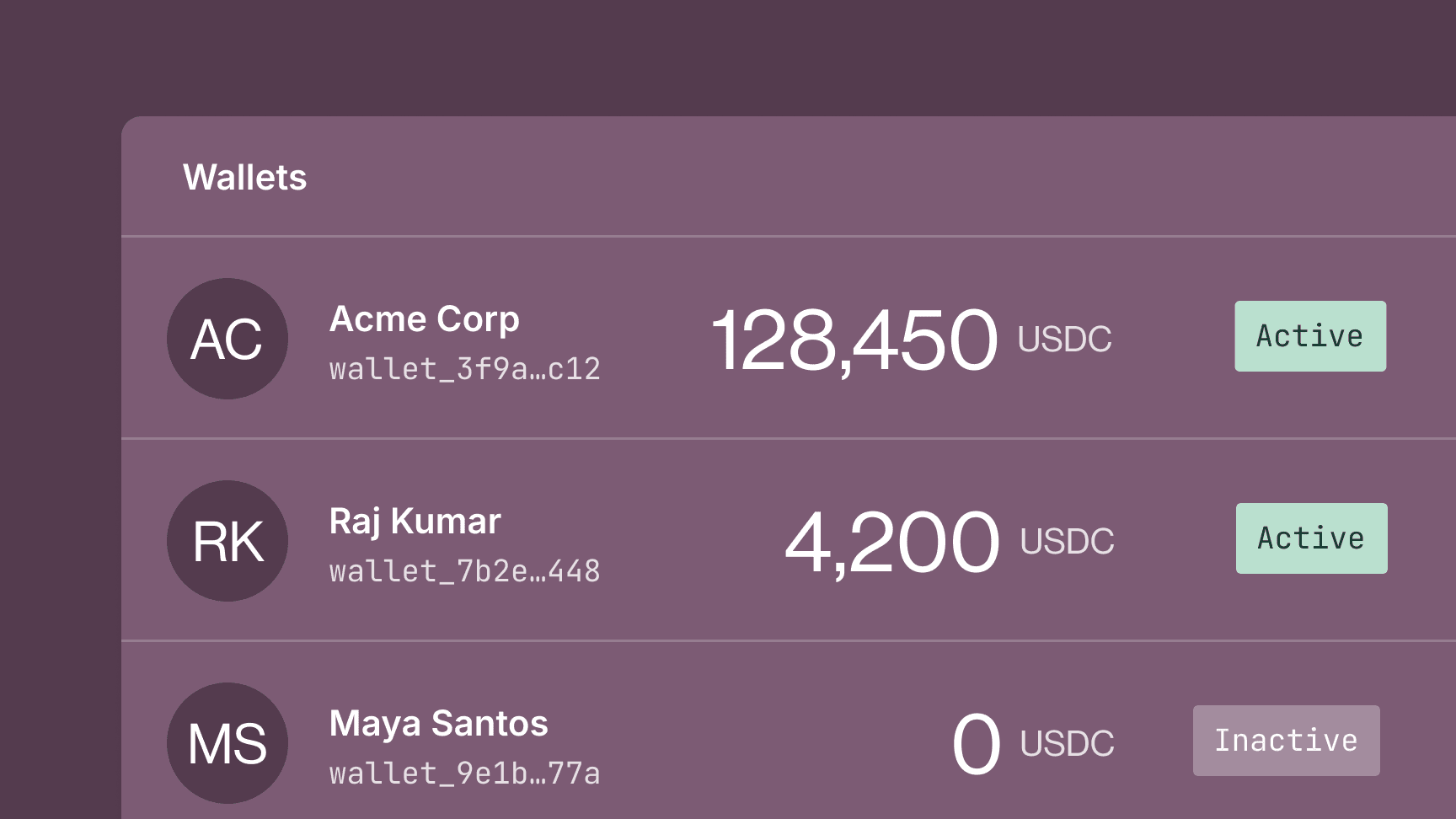 Programmable wallet infrastructure showing balances and transactions