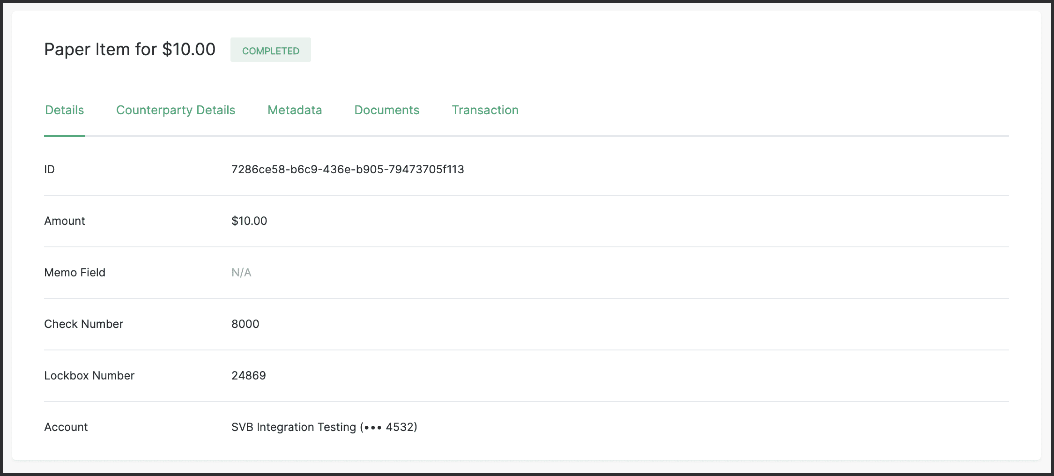 Modern Treasury’s UI showing a deposit check mailed to a lockbox that’s been reconciled to cash in a testing account