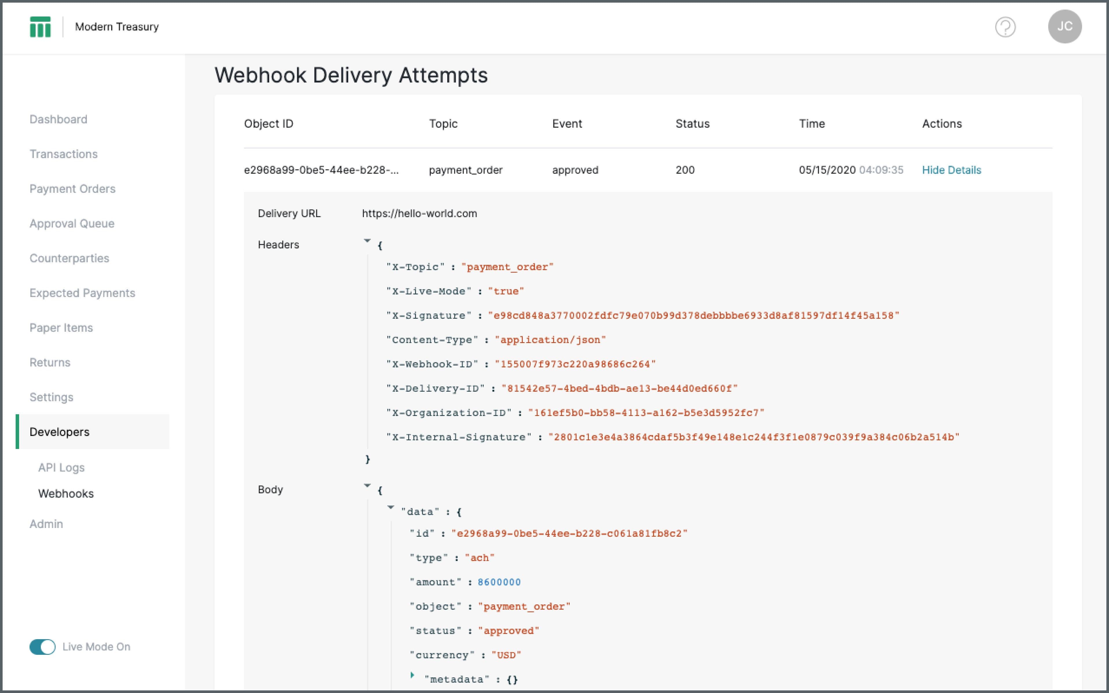 Web app screen: webhook delivery attempts