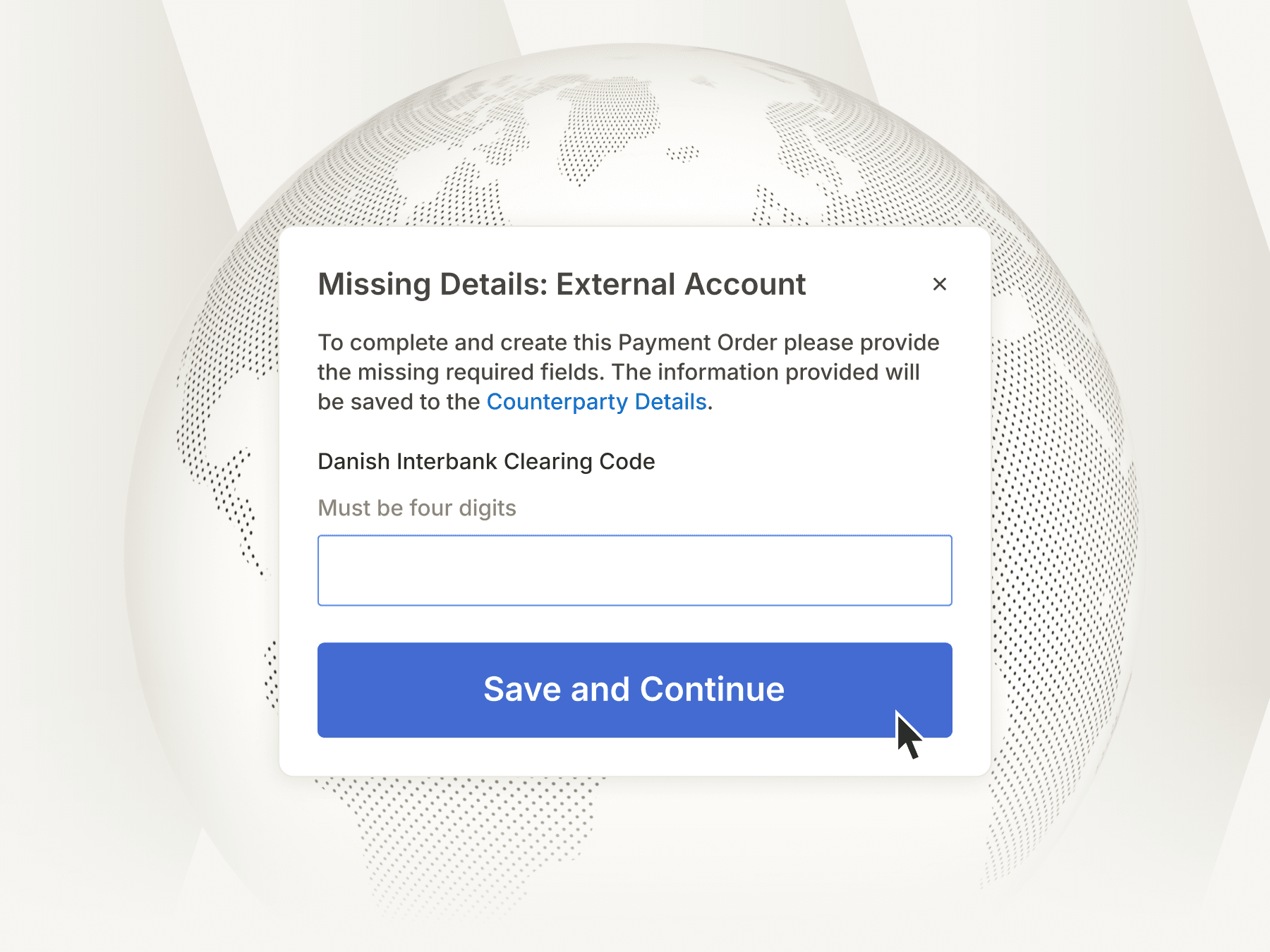 UI asking for Danish Interbank Clearing code to send an international payment to an external account