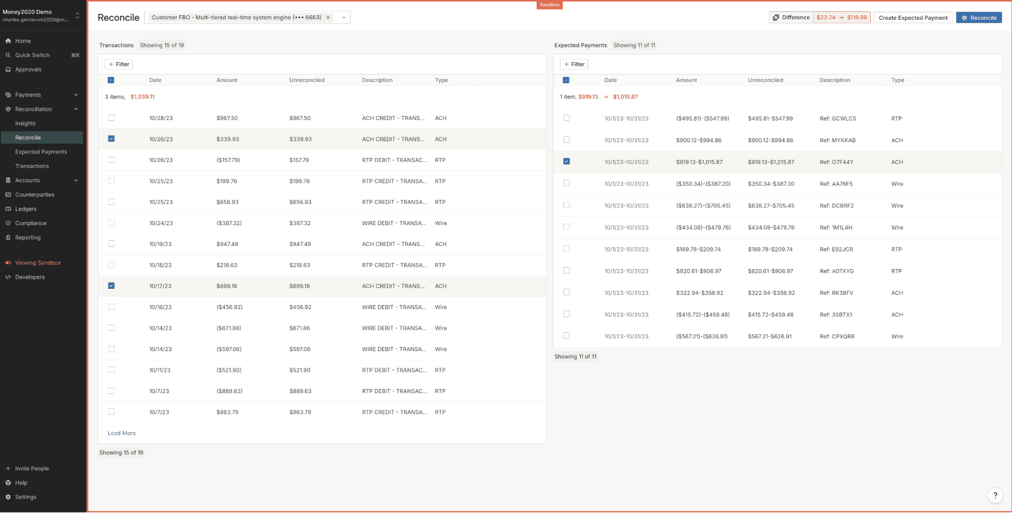 Reconciling multiple transactions to a single expected payment