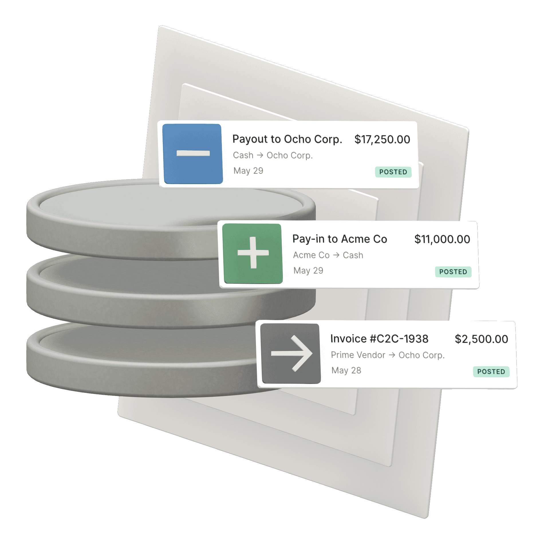 Illustration of records of pay-ins and payouts using ledgers database