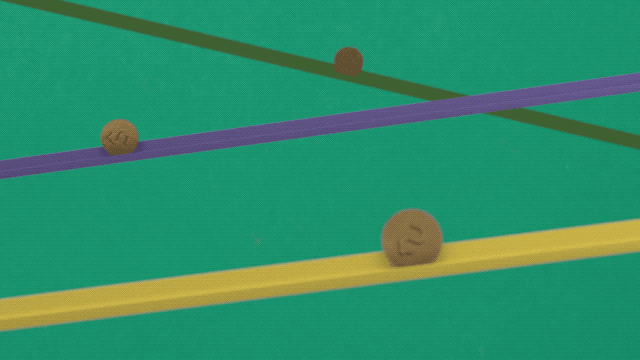 GIF of the brand video, showing coins of various currencies rolling across "payment rails"