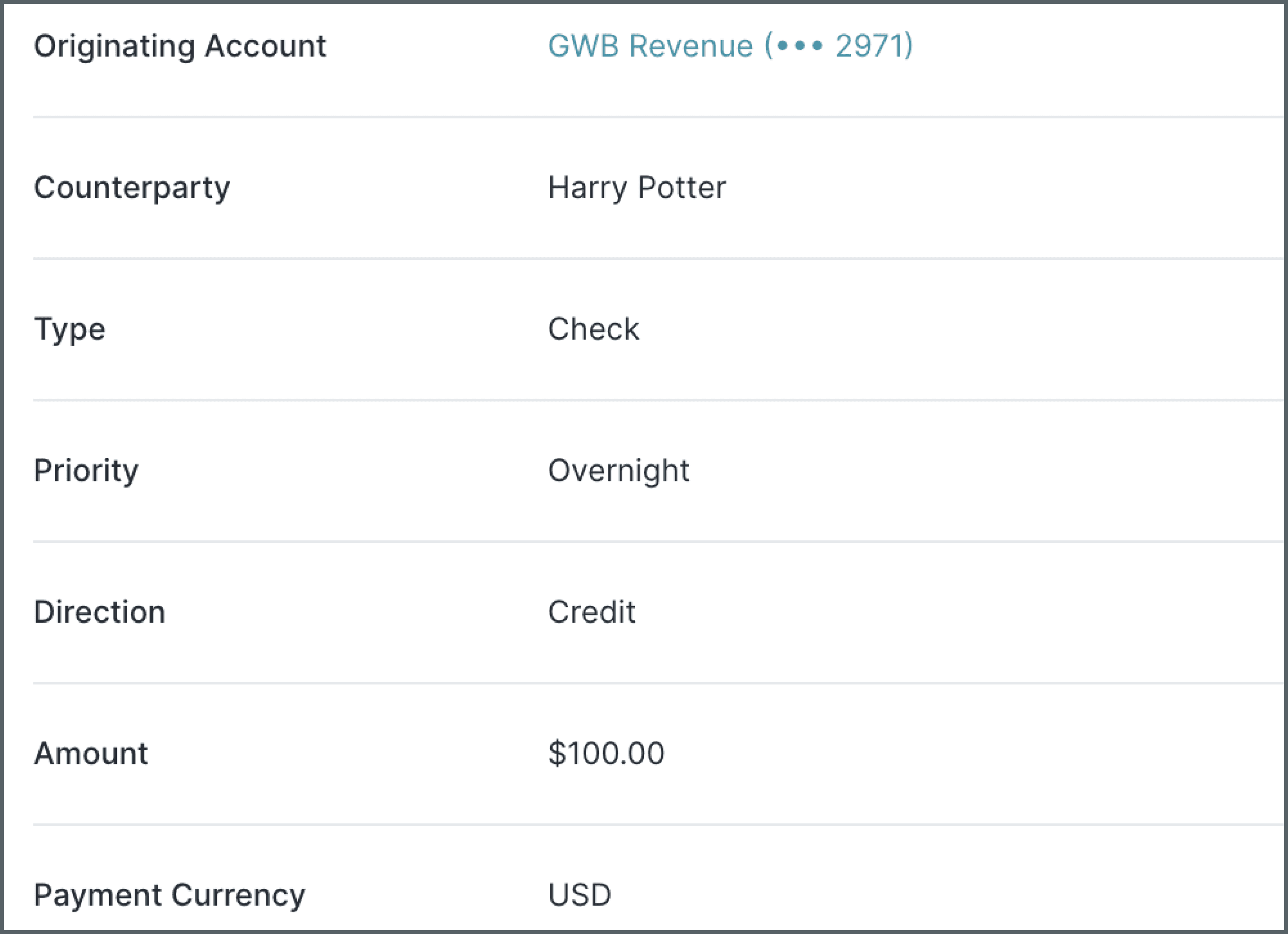 Simulated check payment order using the appropriate sandbox counterparty.