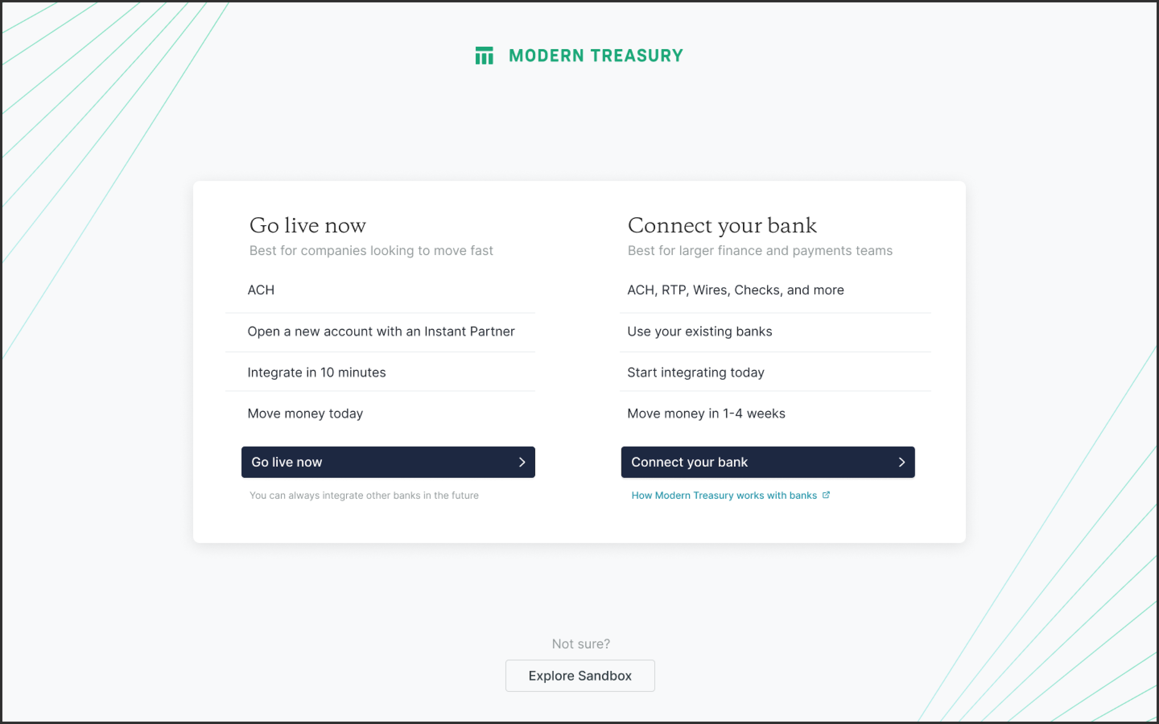 Screen: Go live now or connect your bank