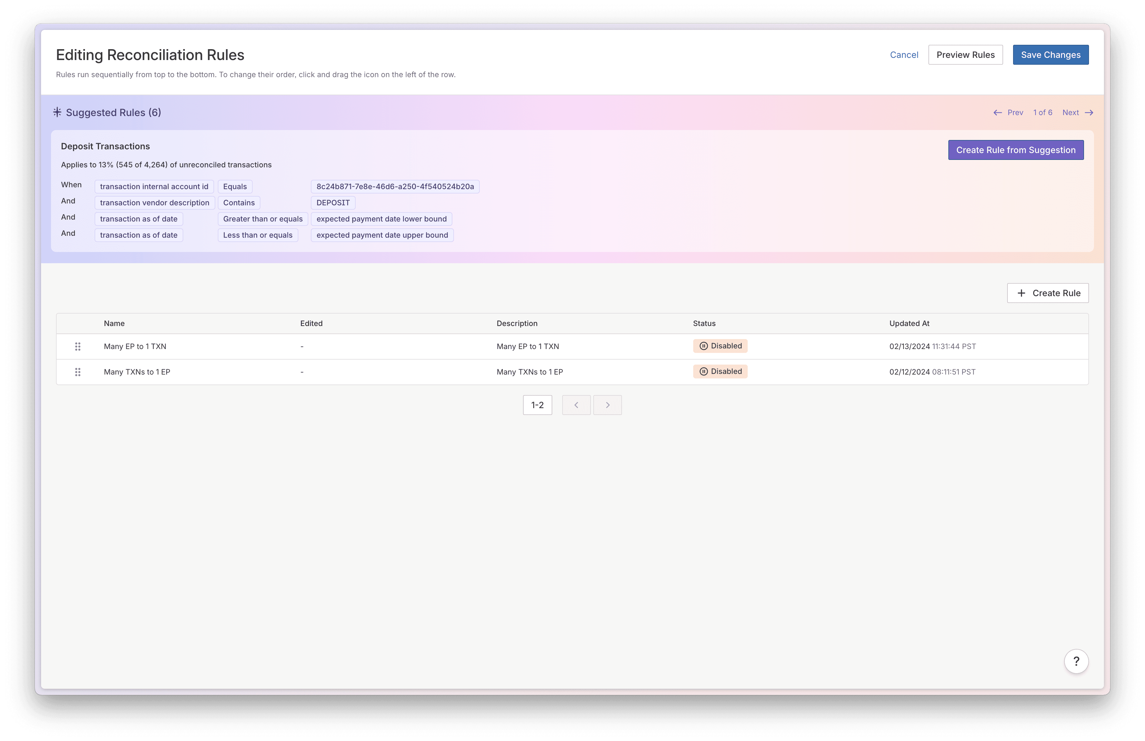 Editing Reconciliation Rules example