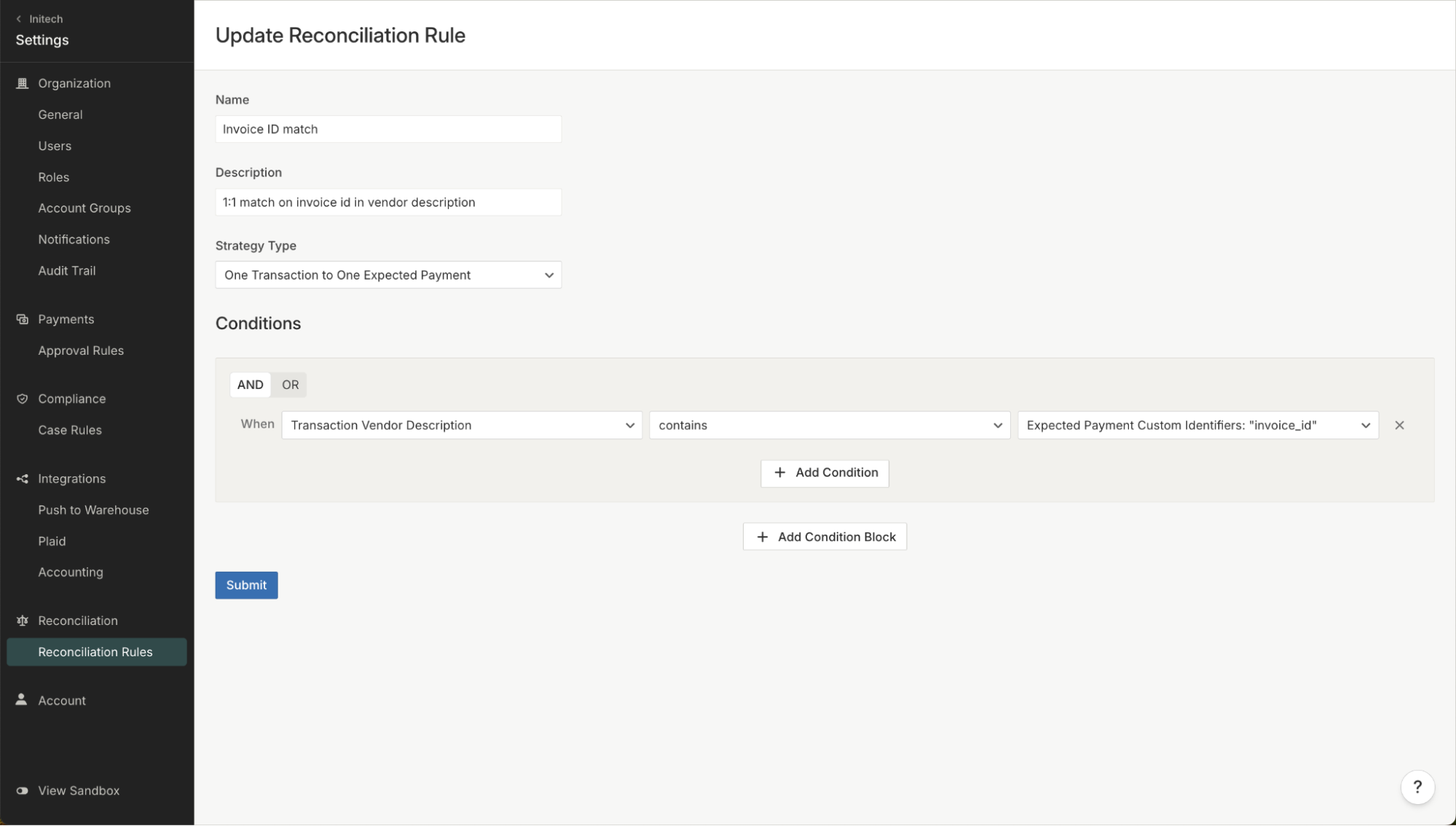 Sample custom reconciliation rule. In this example, the user is matching transactions and expected payments based on a specific metadata field (invoice ID).  