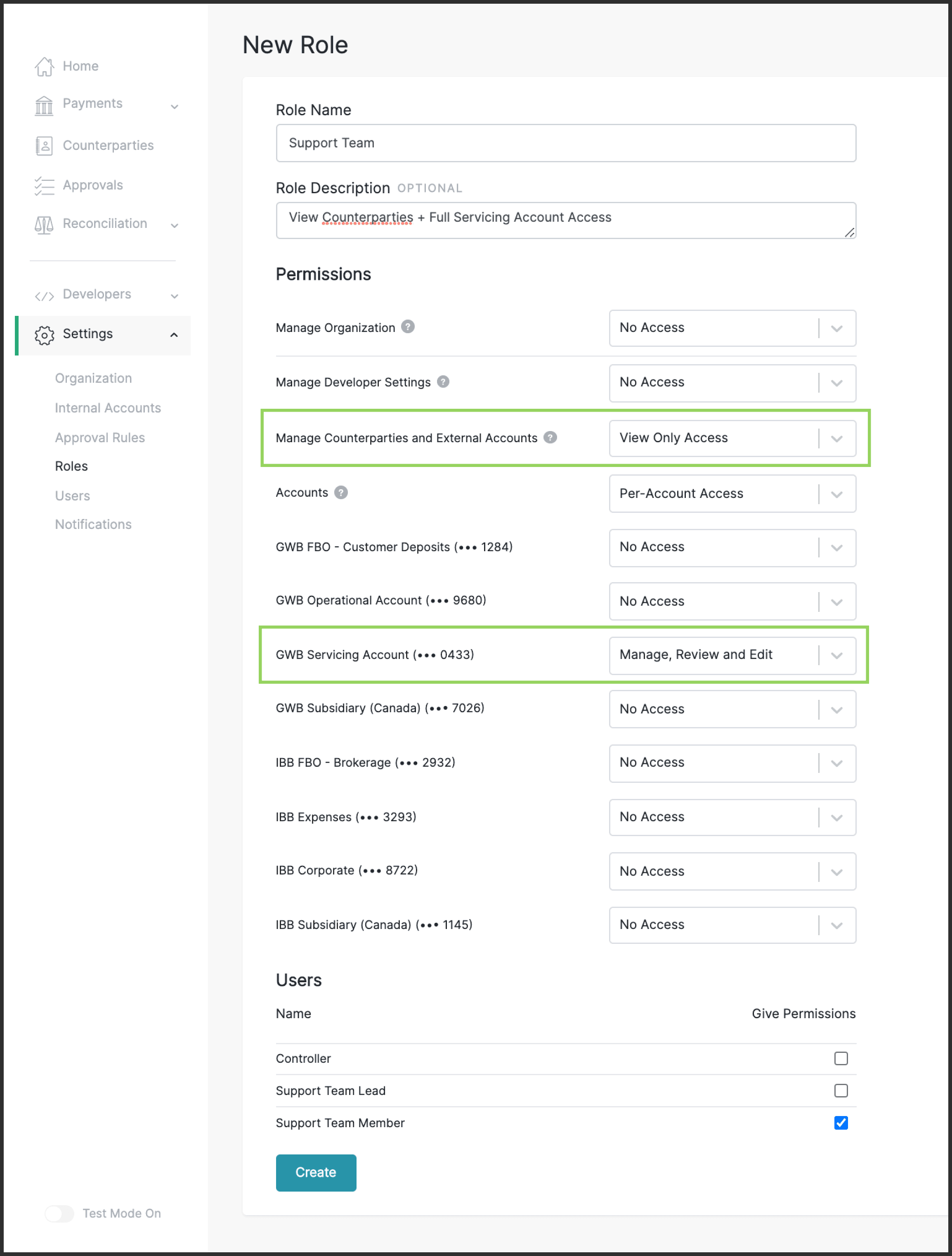 UI screenshot of role permissions in Modern Treasury