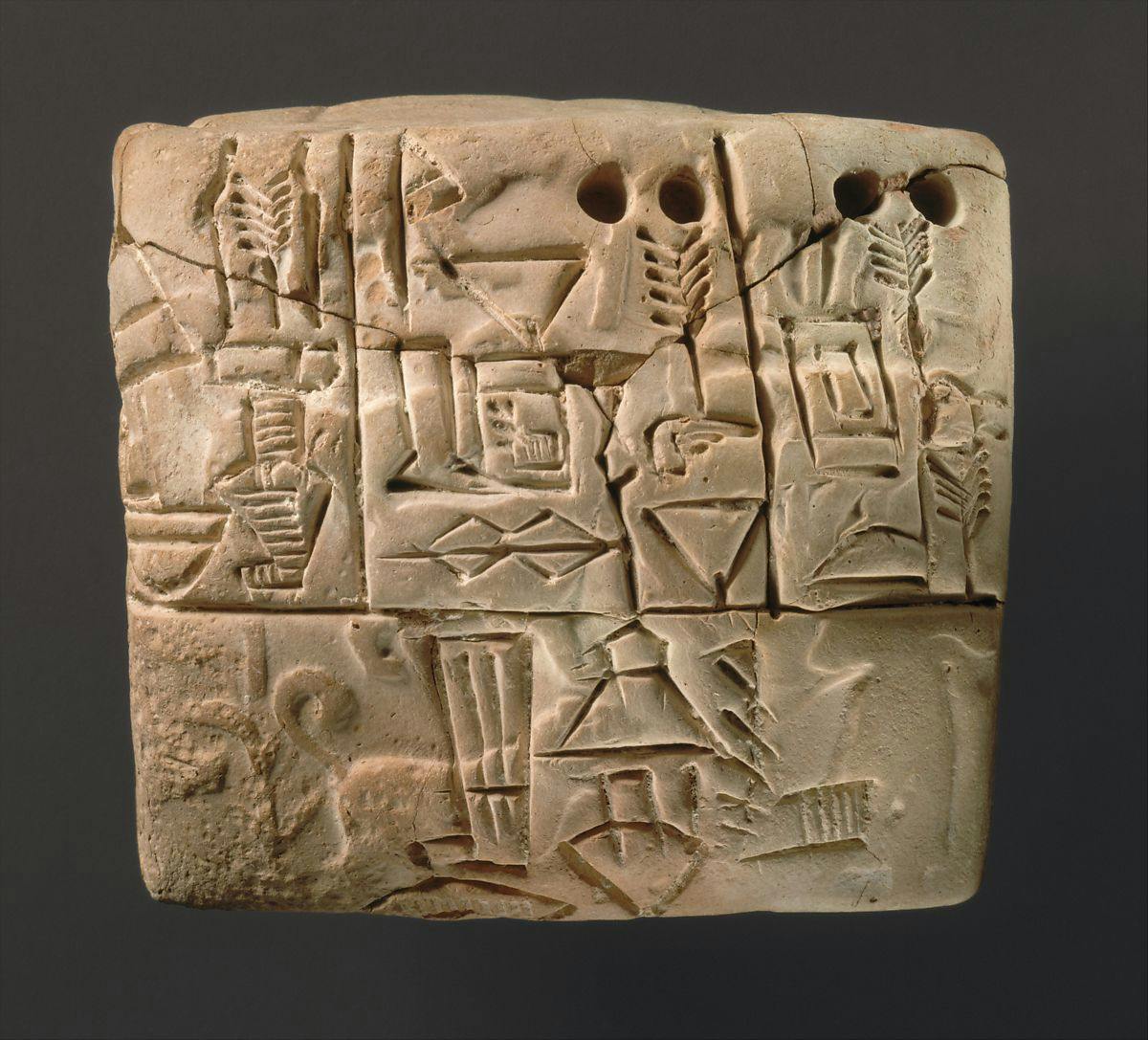 Tablet account of barley distribution with a male figure, hunting dogs, and boars (circa 3100–2900 B.C.)