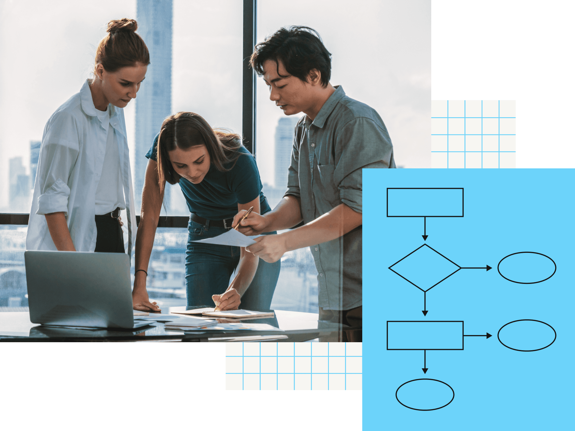 A small group works together. There is a flow chart diagram in the corner.