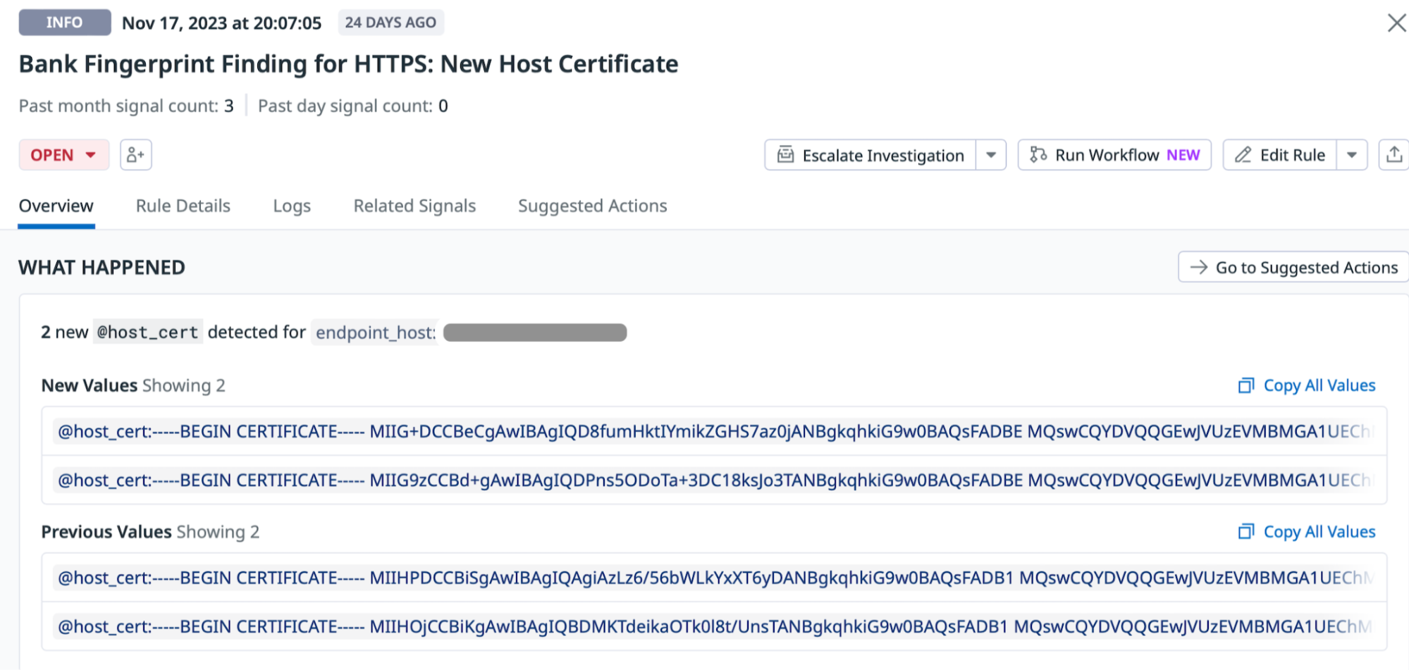 Alert of bank servers’ metadata change. In this case, the bank had rotated their server certificates.