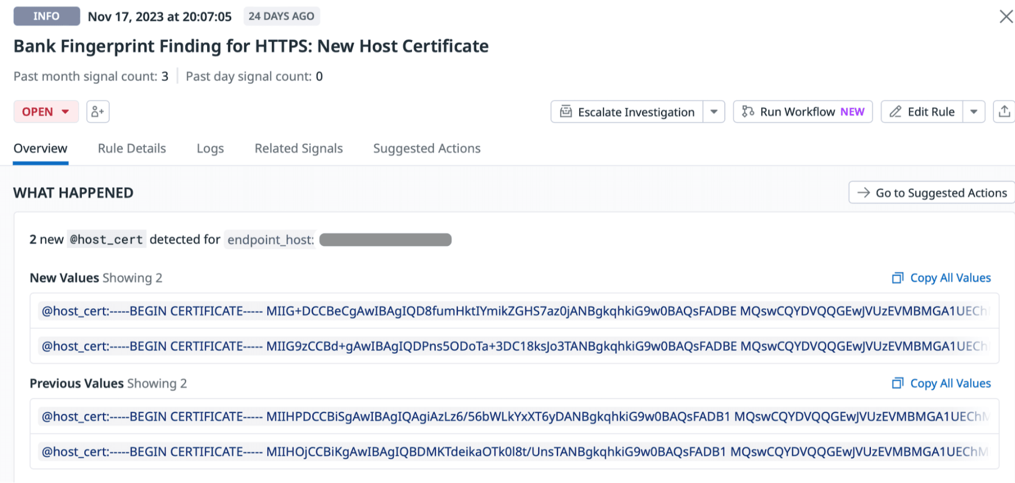 Alert of bank servers’ metadata change. In this case, the bank had rotated their server certificates.