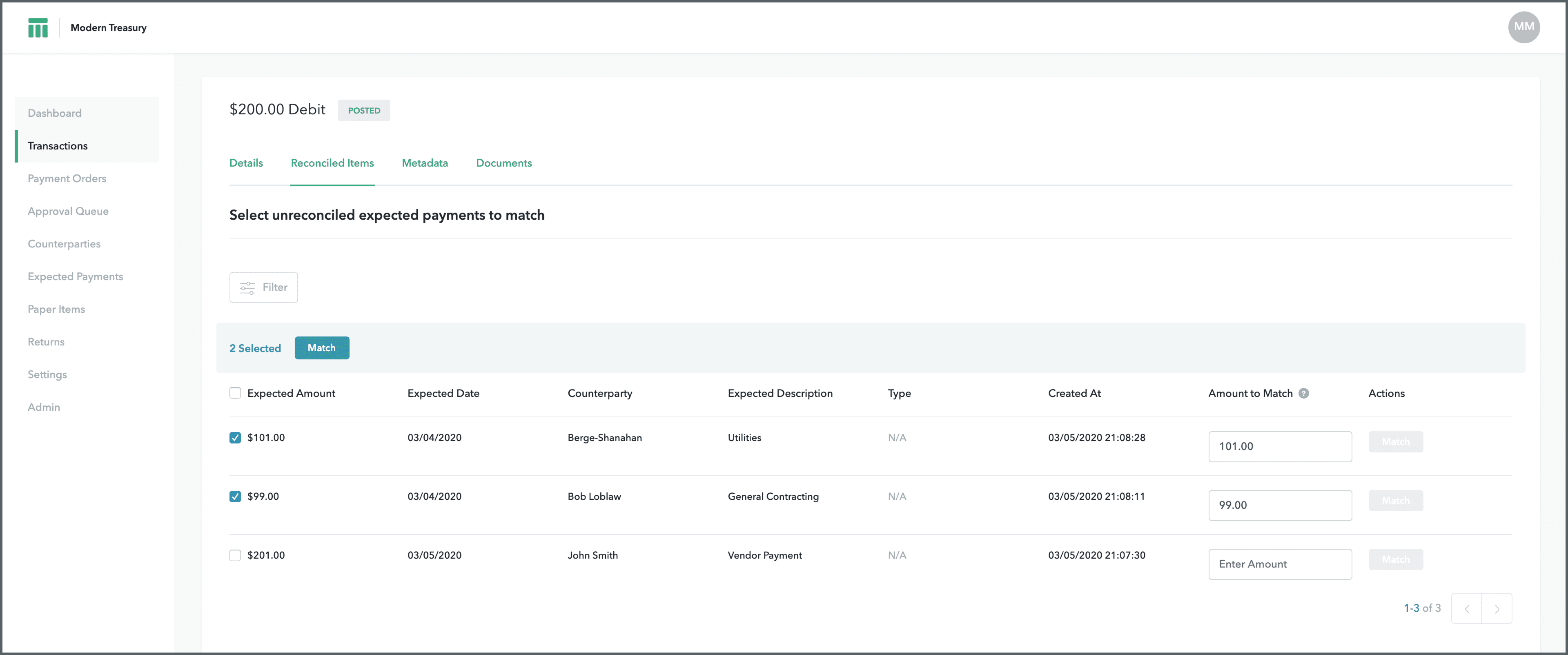 Screen: Select unreconciled payments to match