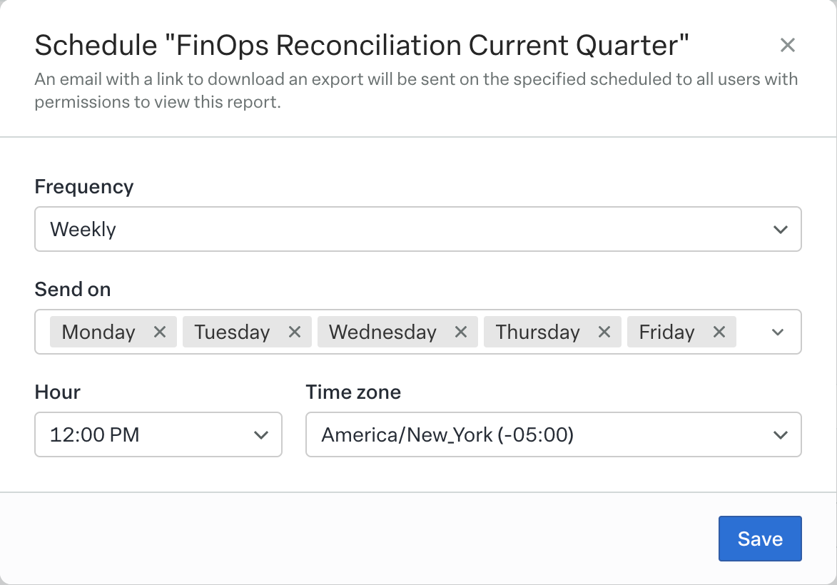 A screenshot of newly released feature Scheduled Reports.