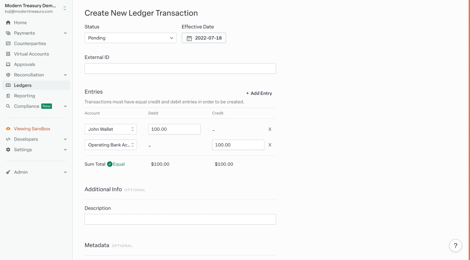 Image of Modern Treasury's create new ledger transaction screen