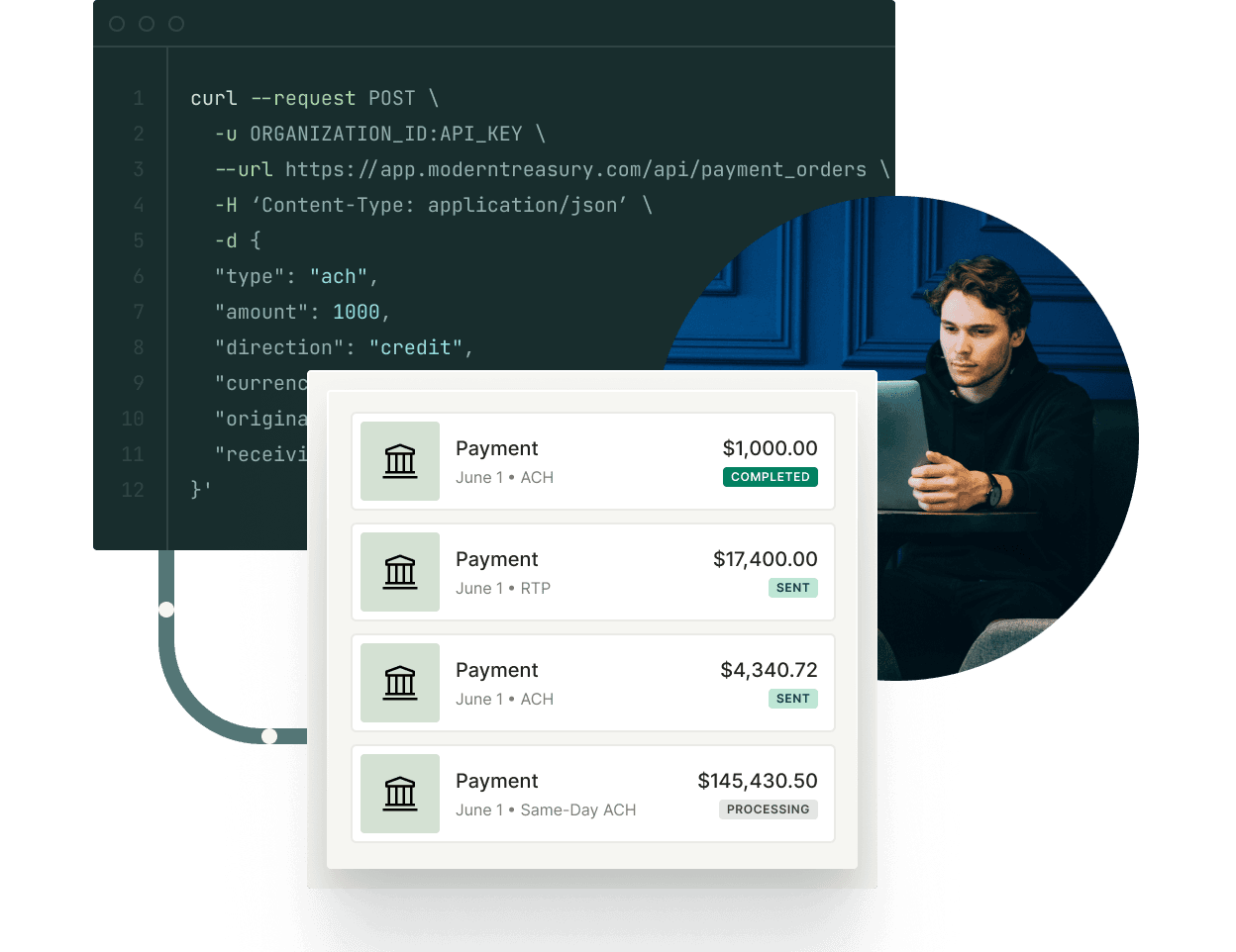 Man working on a laptop. Illustration of a list of transactions and a CURL request.