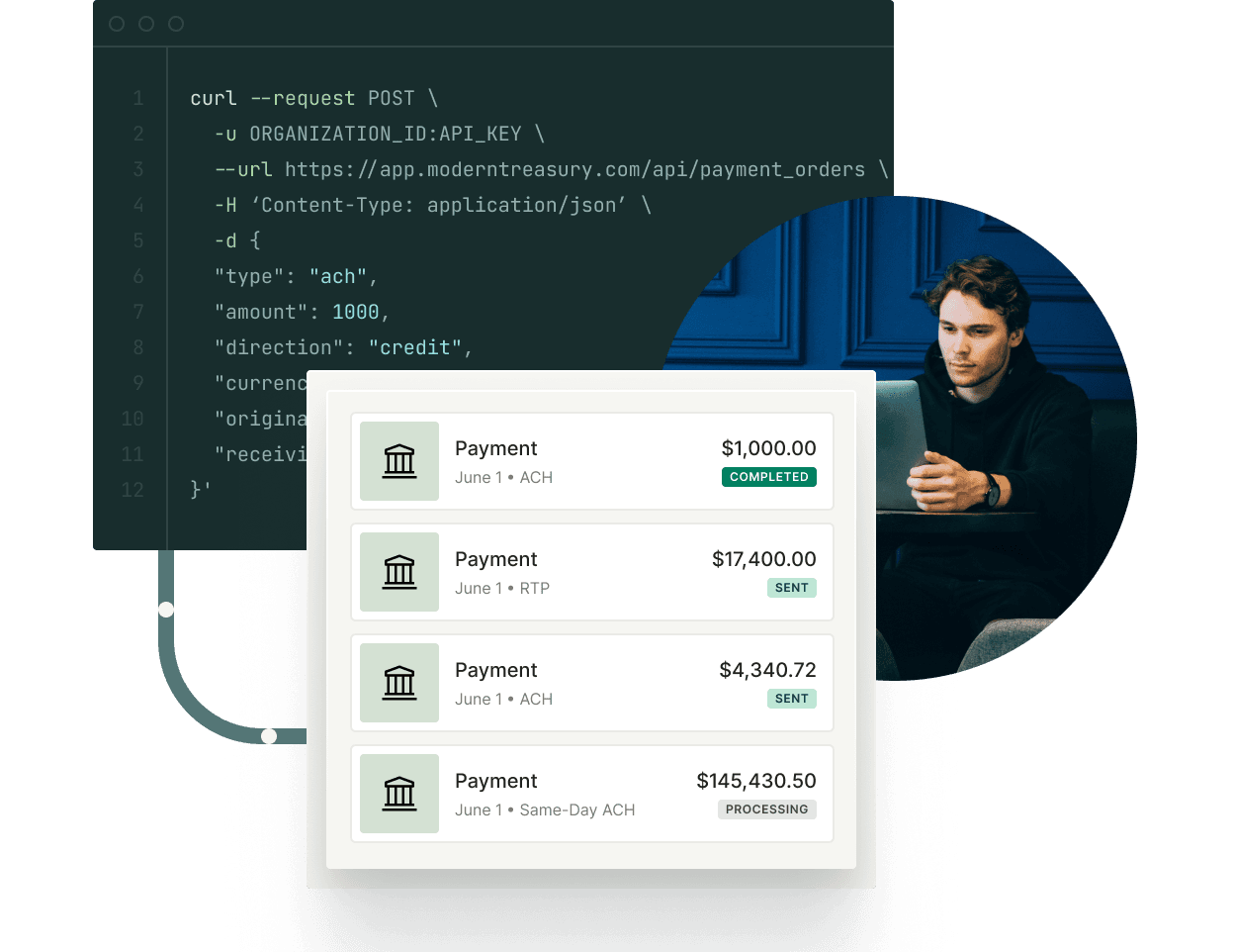 Man working on a laptop. Illustration of a list of transactions and a CURL request. 