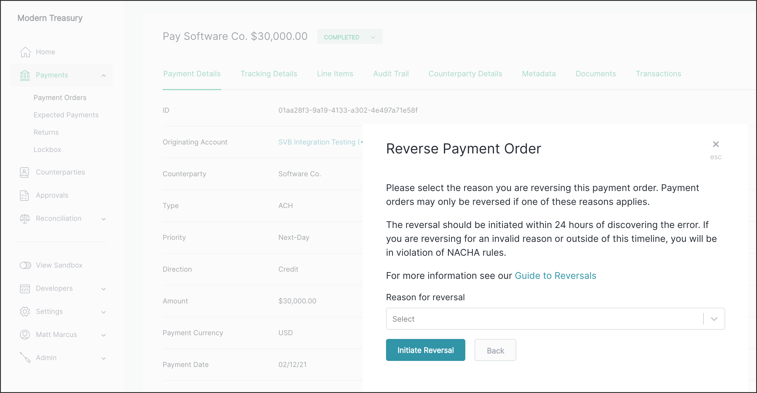 Modern Treasury UI where the user is asked for payment reversal reason.