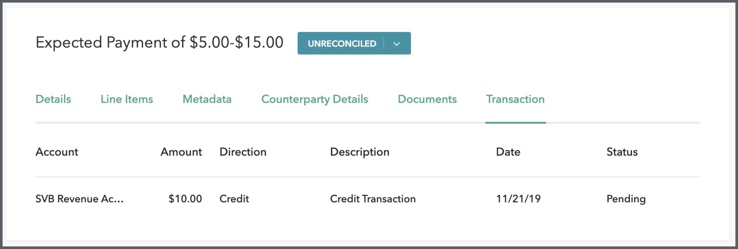 A new Transaction Status column has been added for reconciled Expected Payments.