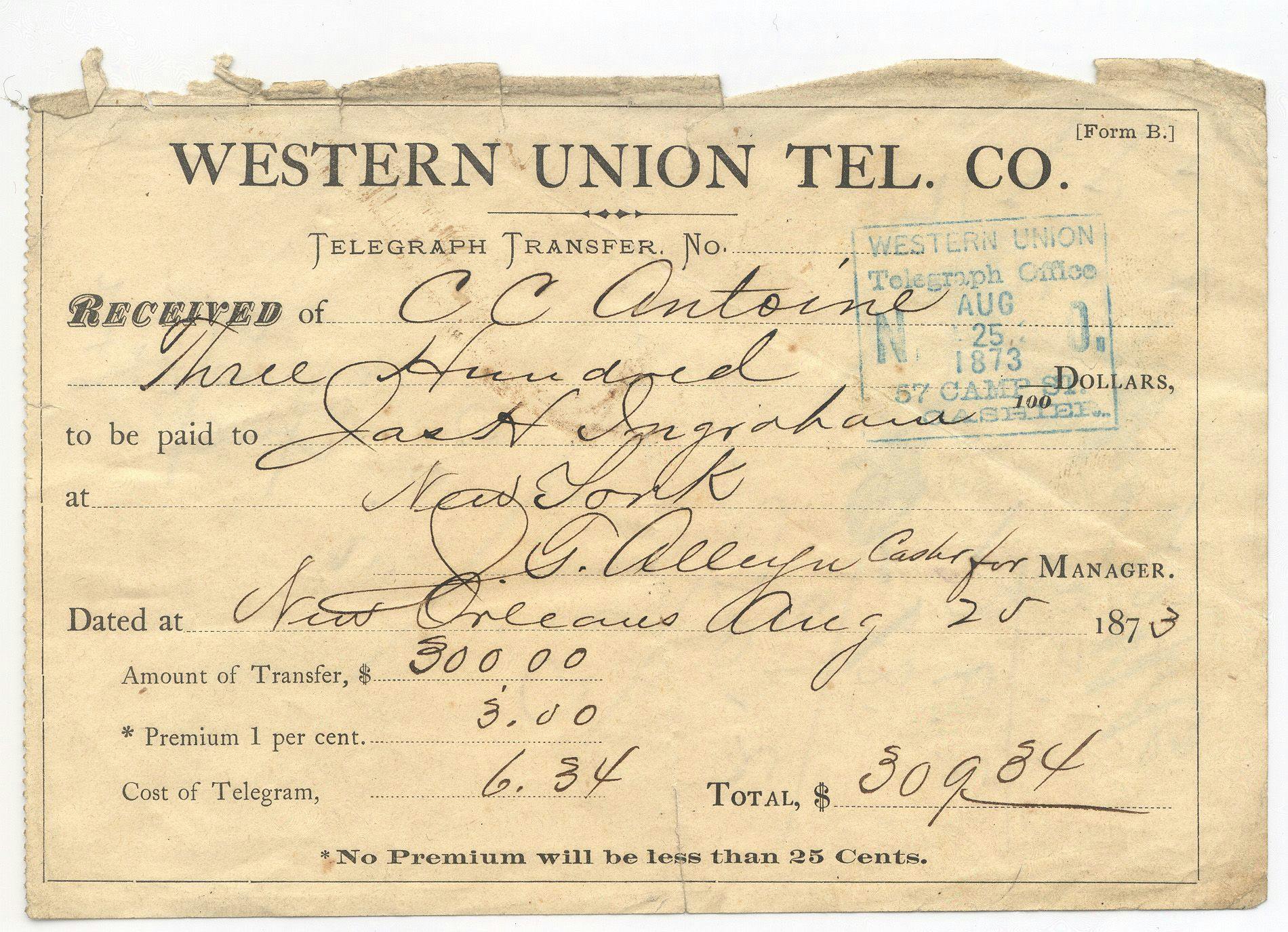 Image of Western Union wire transfer from 1873