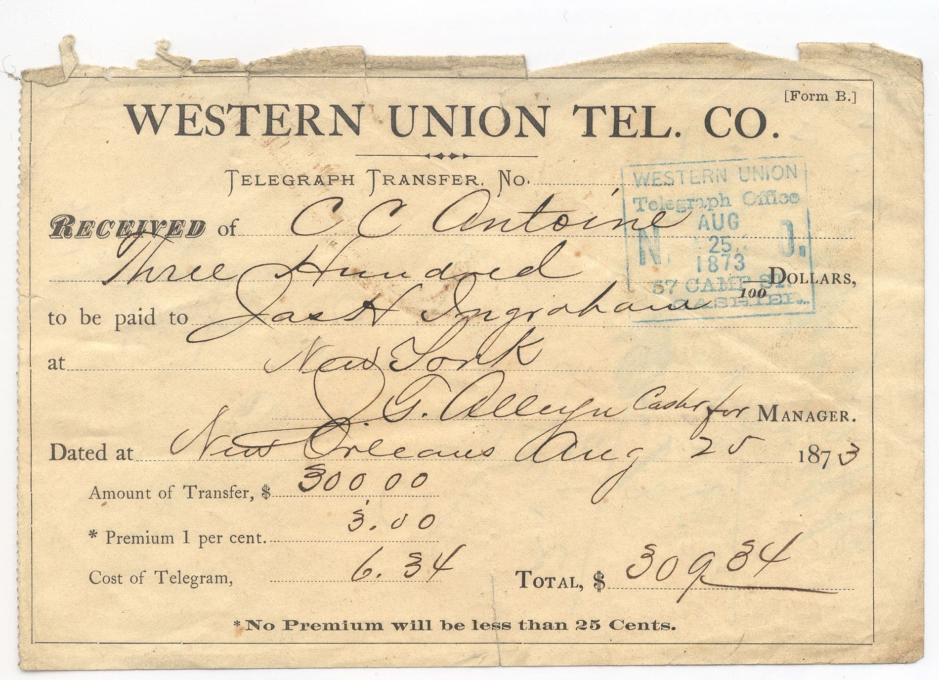 Image of Western Union wire transfer from 1873