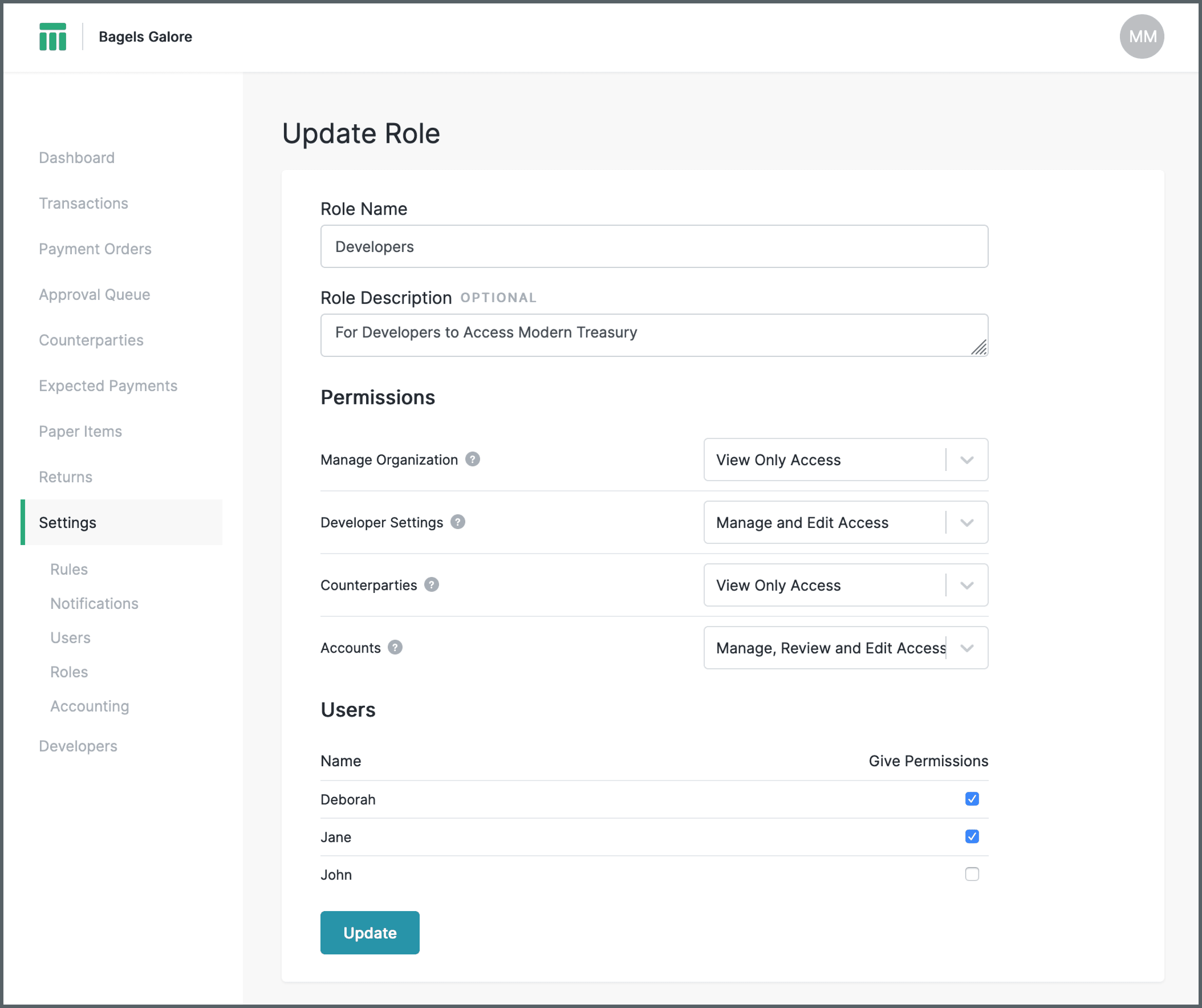 Web app screen: Update Role