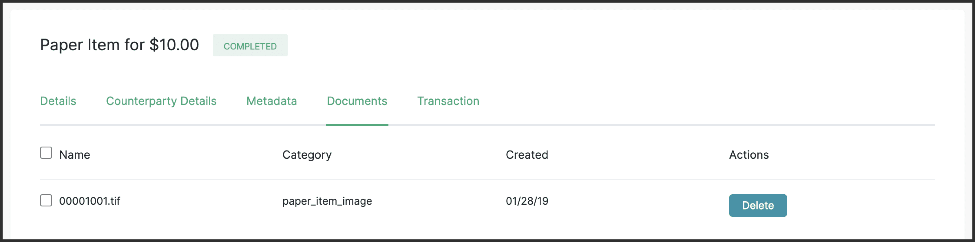 Modern Treasury UI showing the check image document for download