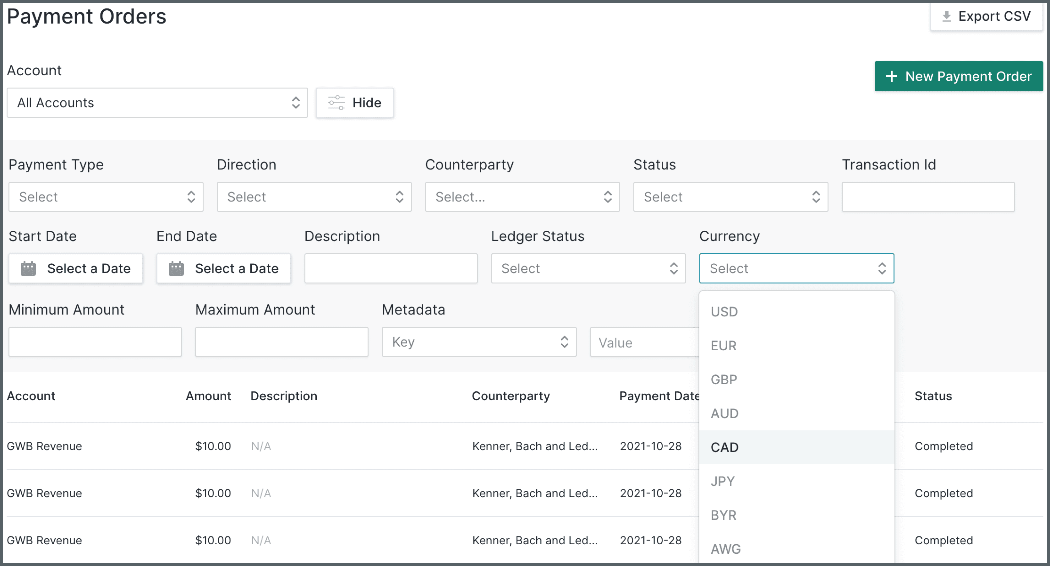 Screen: Payment Orders