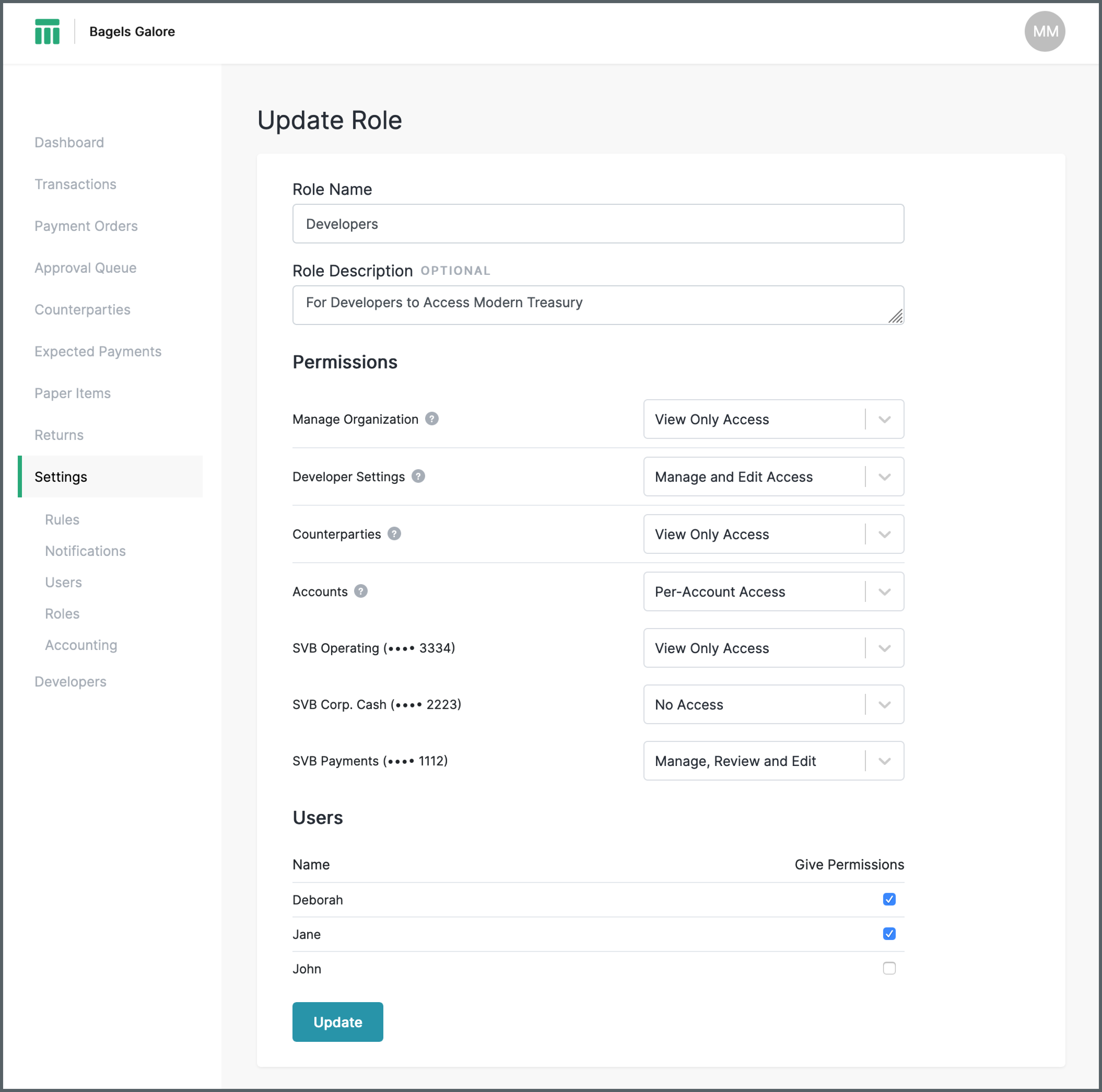 Web app screen: Uddate Role (more options)