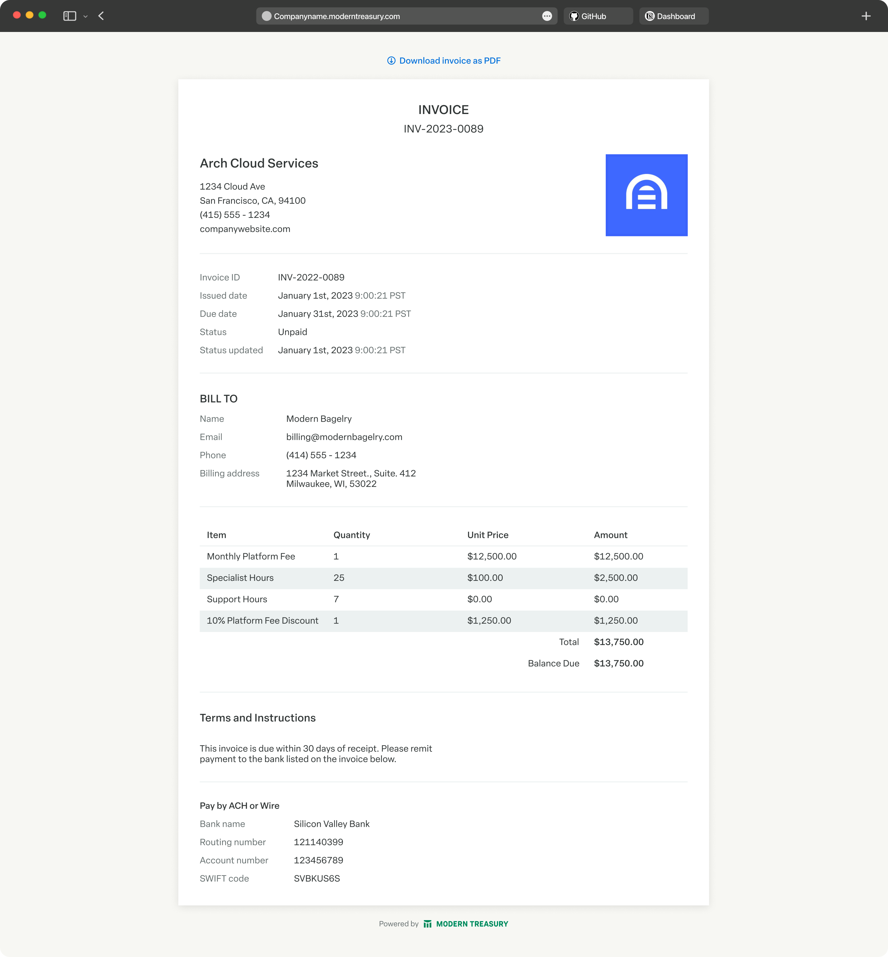 Screenshot of Invoicing wireframe.