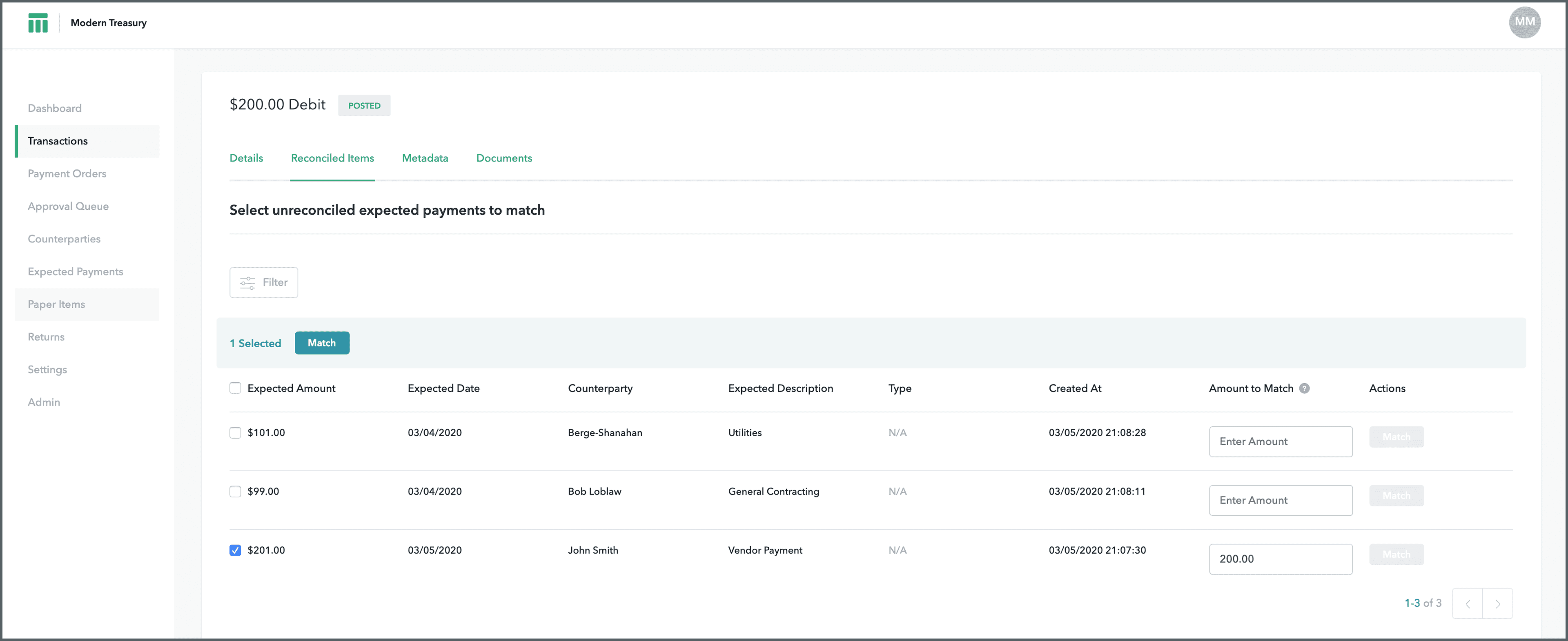 Screen: Select unreconciled payments to match (adjust amount)