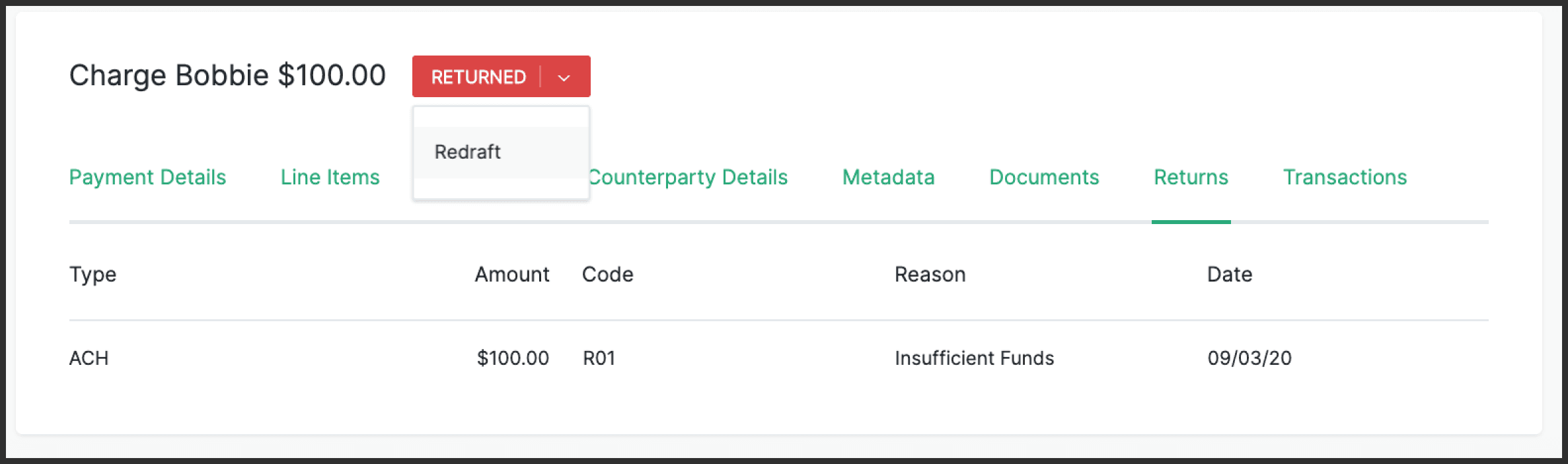 Redraft failed payment interface