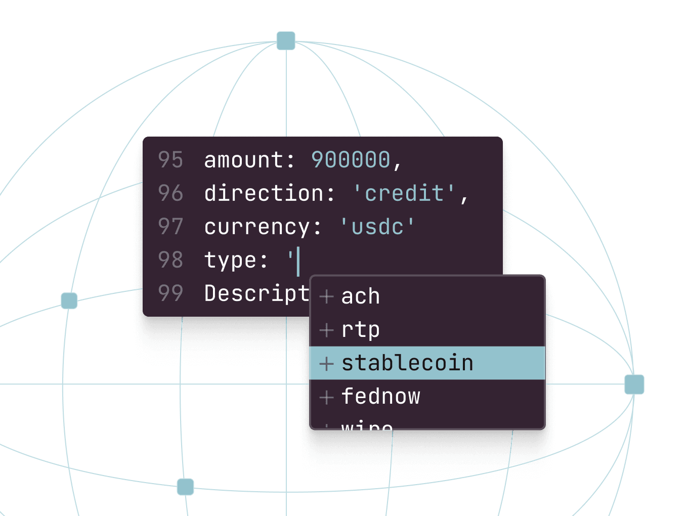 Code editor showing payment types