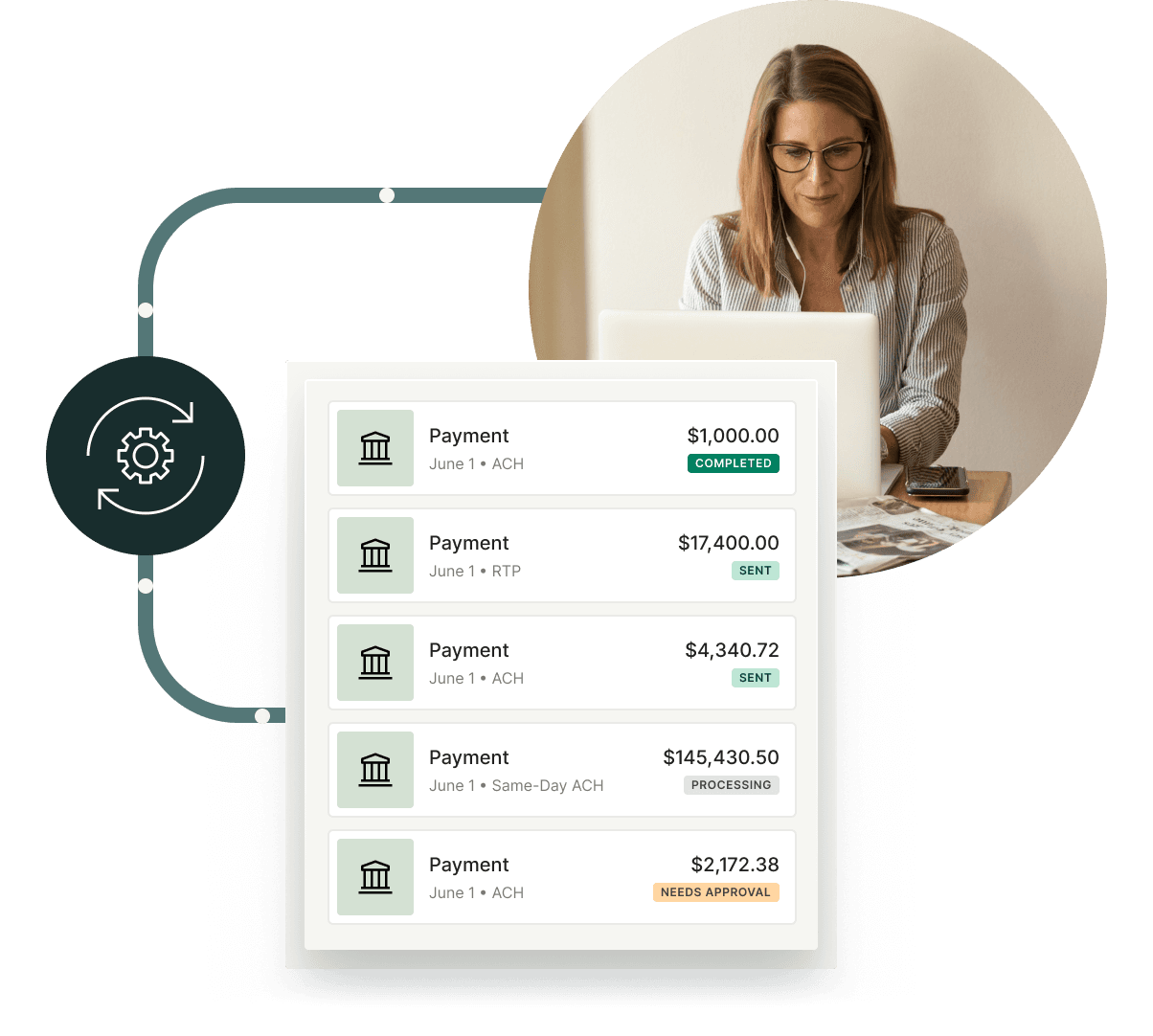 Woman typing on a laptop. Illustration of a list of transactions and an automation gear. 