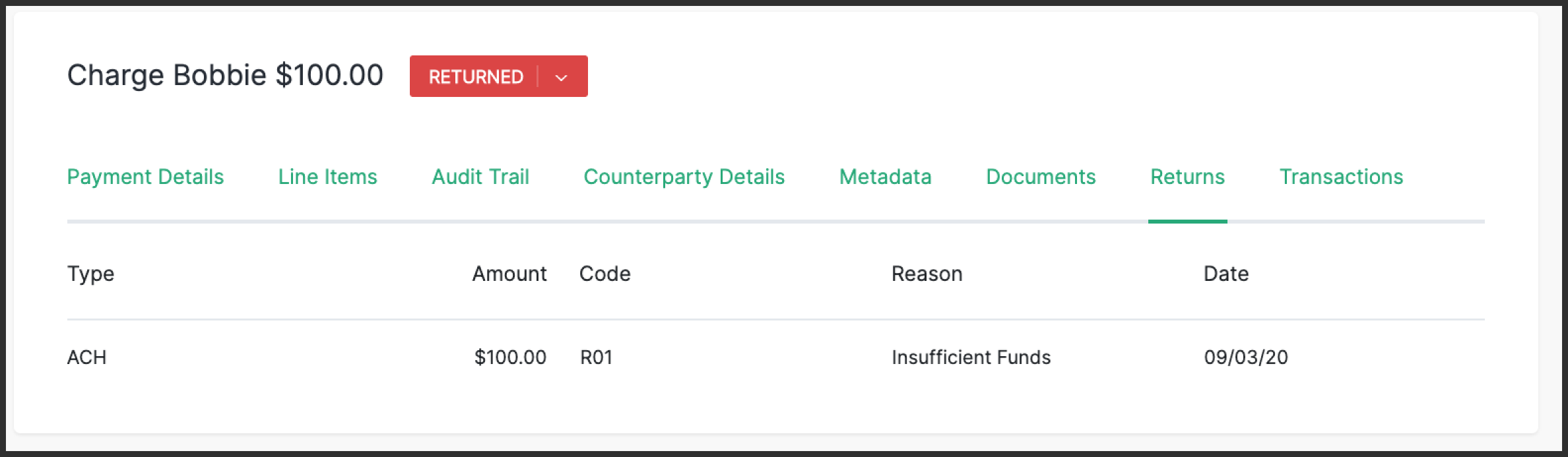 Returned payments interface