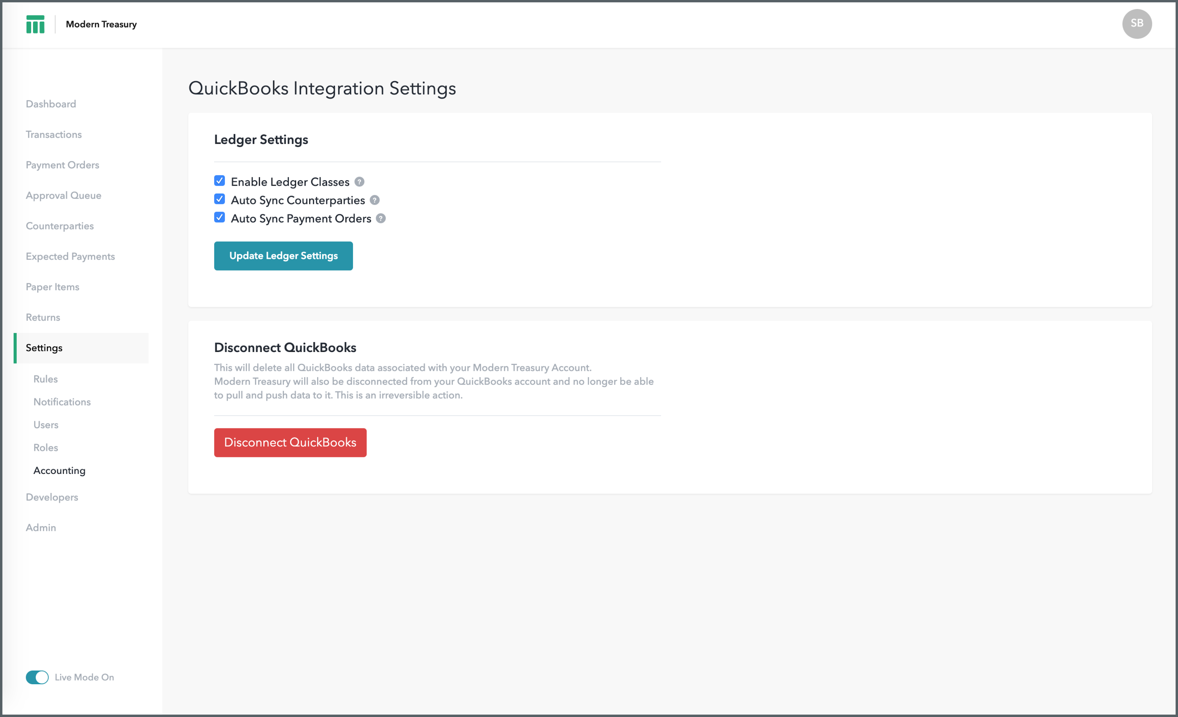 Screen: Quickbooks Integration Settings