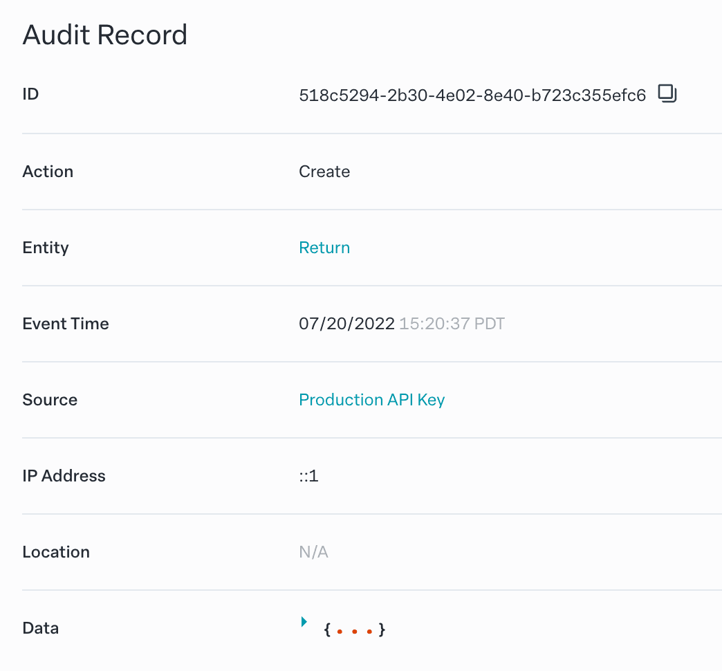 Image of Modern Treasury's audit record screen