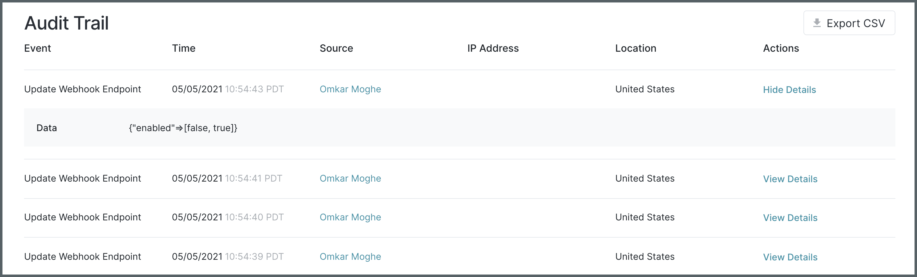 Audit Trail screen