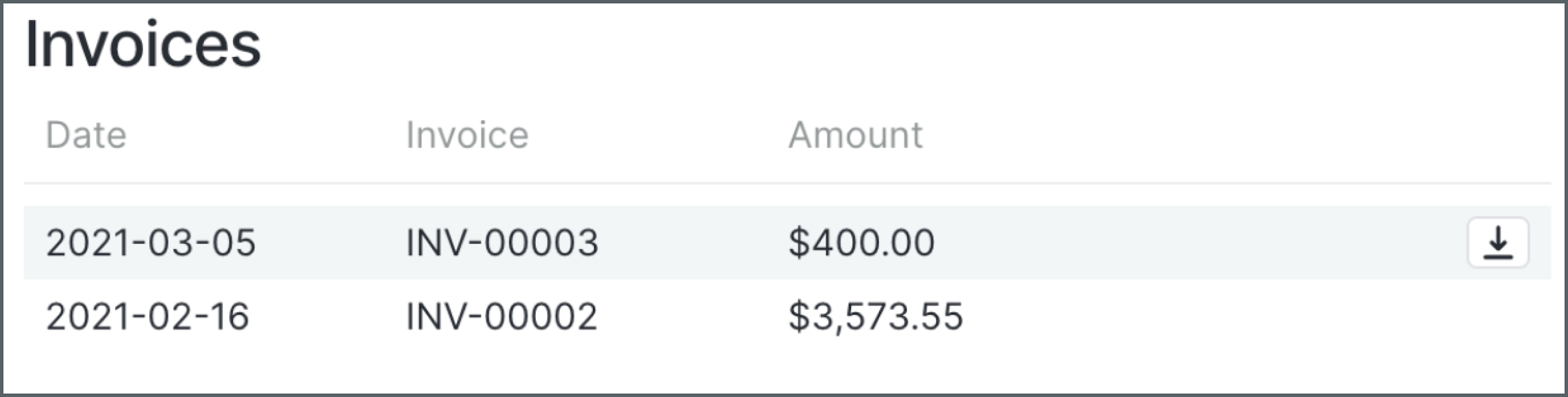 Screen: Invoices with hover state