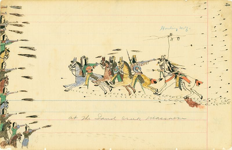 A drawing of the Sand Creek massacre by eyewitness Howling Wolf (1874–1875)