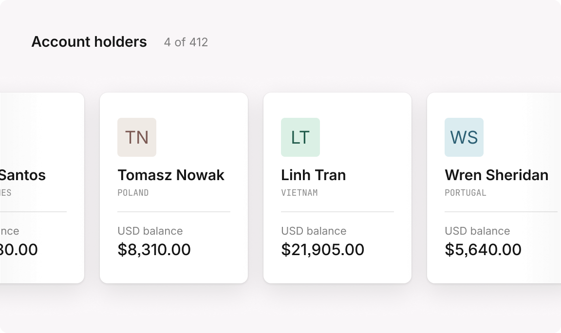 A list of 412 account holders in Poland and Vietnam, each holding a USD balance in their own global USD account